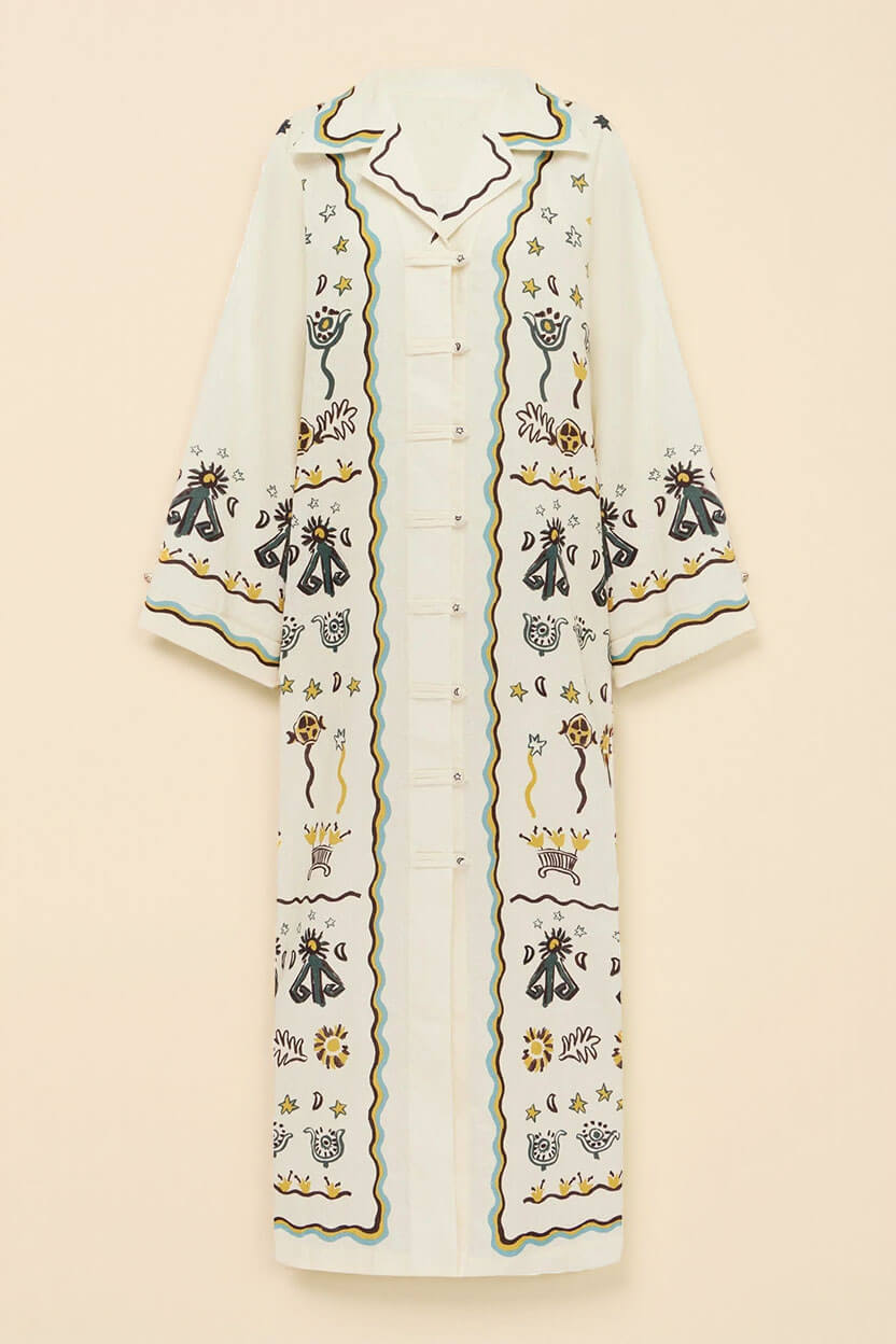 Modern Print Button-Front Tie-Waist Loose Maxi Shirtdress