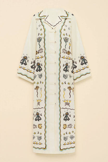 Modern Print Button-Front Tie-Waist Loose Maxi Shirtdress