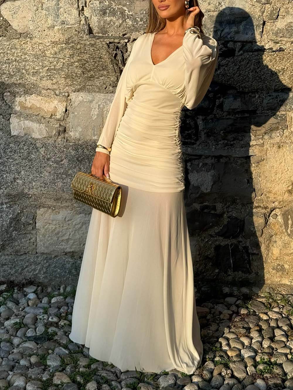 Elegant Pleated Mesh Panel Batwing Sleeve Maxi Dress