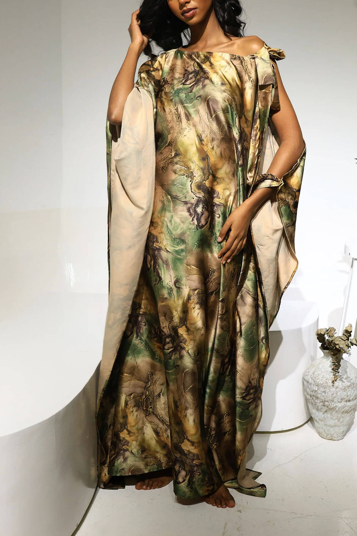 Unique Satin Asymmetrical Marble Print Maxi Dress