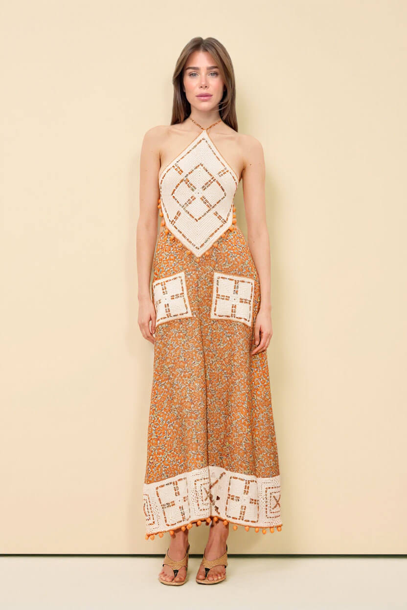 Retro Print Crochet Backless Maxi Dress