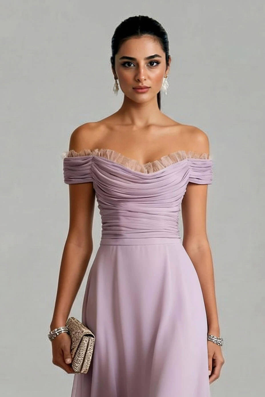 Elegant Peplum Pleated Chiffon Off The Shoulder Sleeveless A-Line Midi Dress