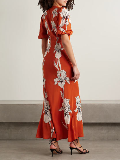 Exquisite Floral Print Satin Crepe Maxi Dress