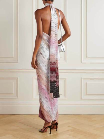 Retro Metallic Print Crochet Halter Maxi Dress