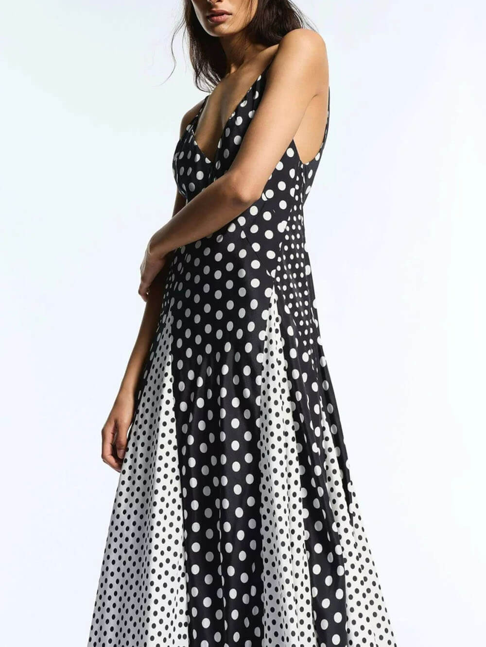 Elegant Color-Block Polka Dot Print Spaghetti Strap A-Line Maxi Dress