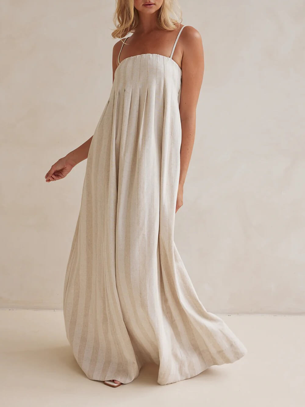Delicate Striped Patchwork Ruched Casual Cami Maxi Dress