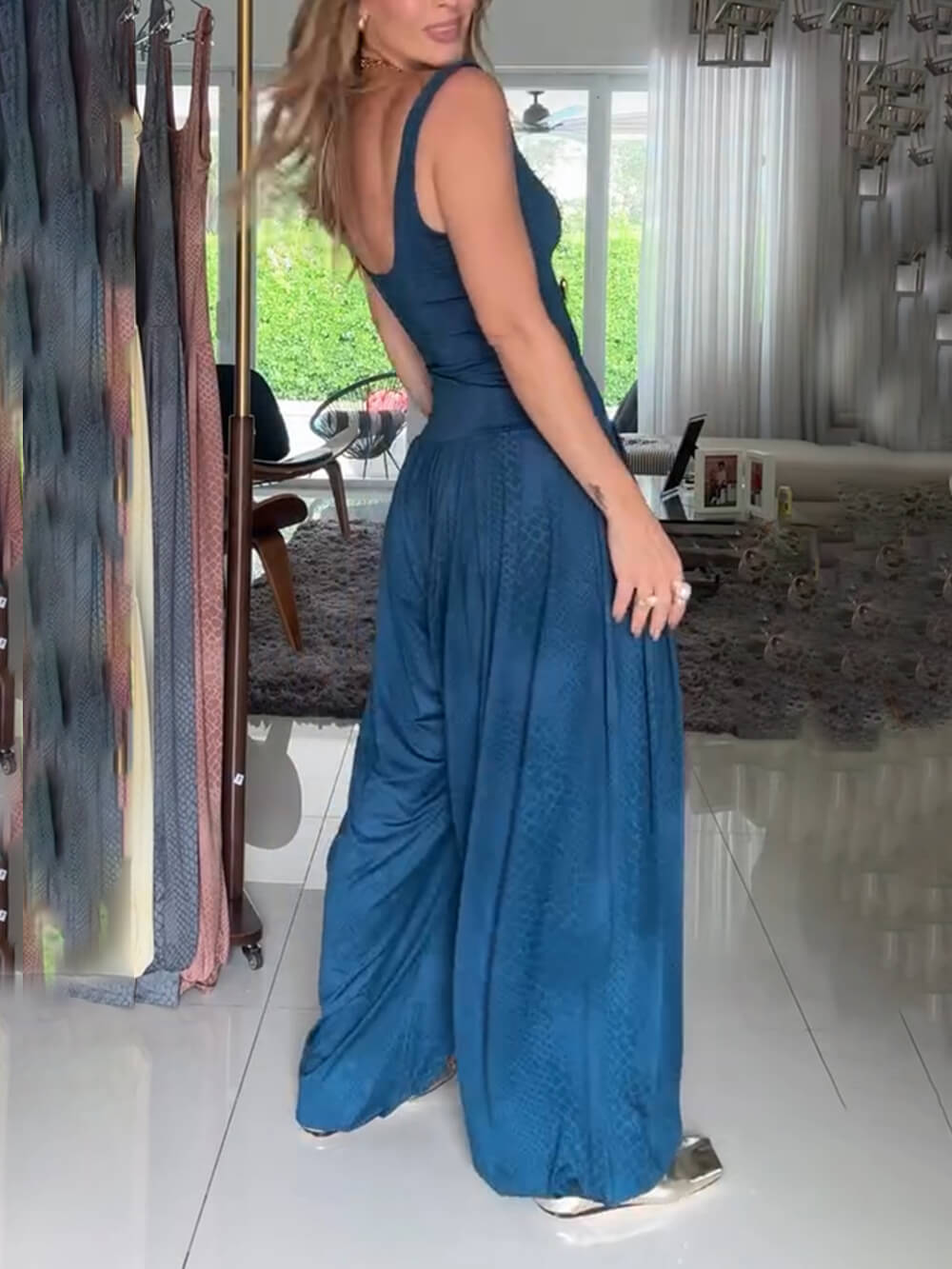 Casual Blue Suspender Printed Jumpsuit