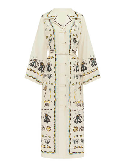 Modern Print Button-Front Tie-Waist Loose Maxi Shirtdress