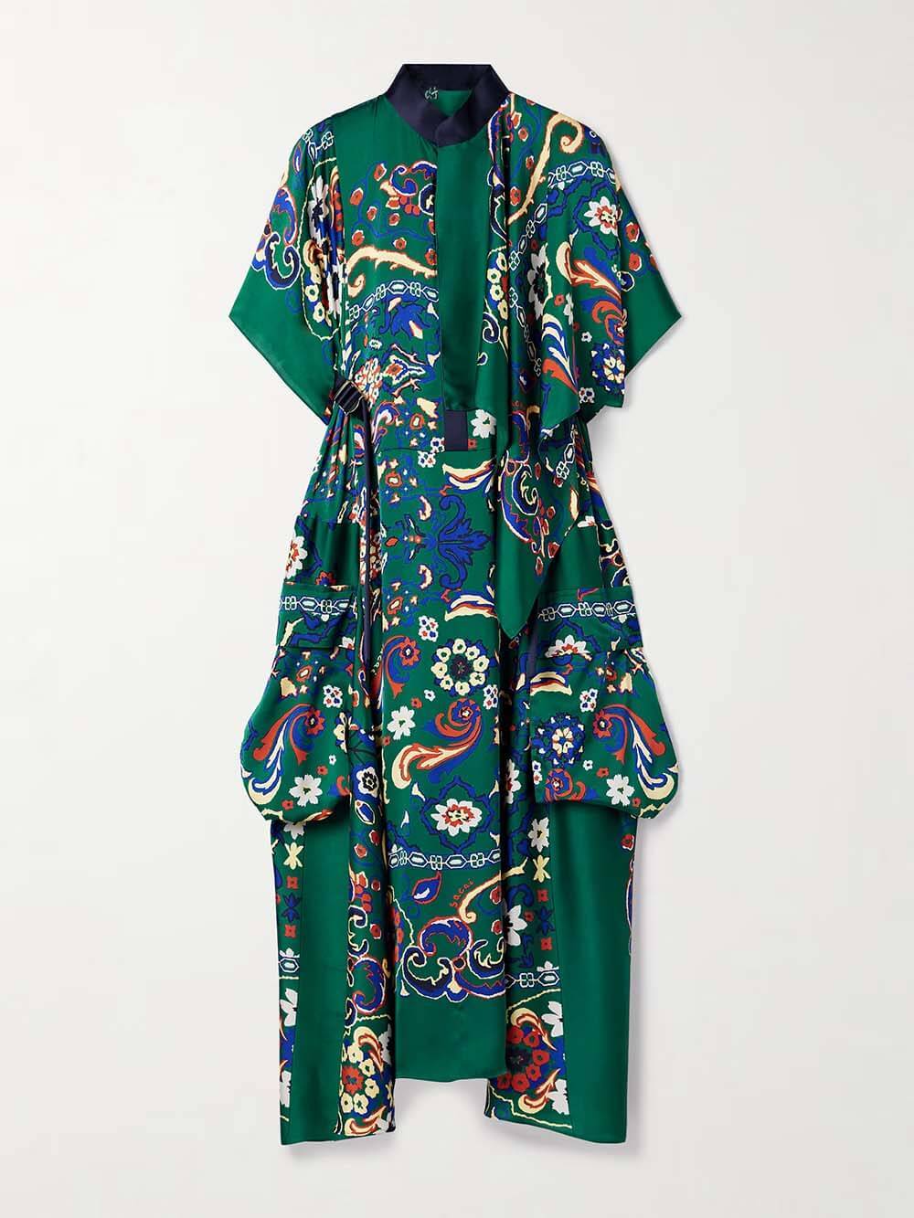 Unique Draped Print Satin Midi Dress