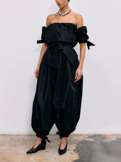 Exquisite Strapless Top And High-Waist Tie Lantern Pants Set