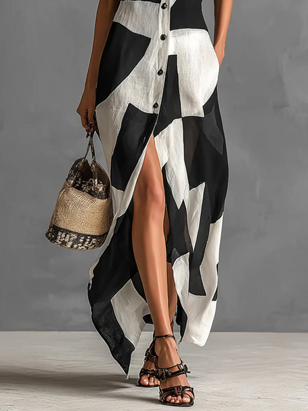 Exquisite Irregular Geometric Print Lapel Single-Breasted Short-Sleeved Maxi Shirt Dress