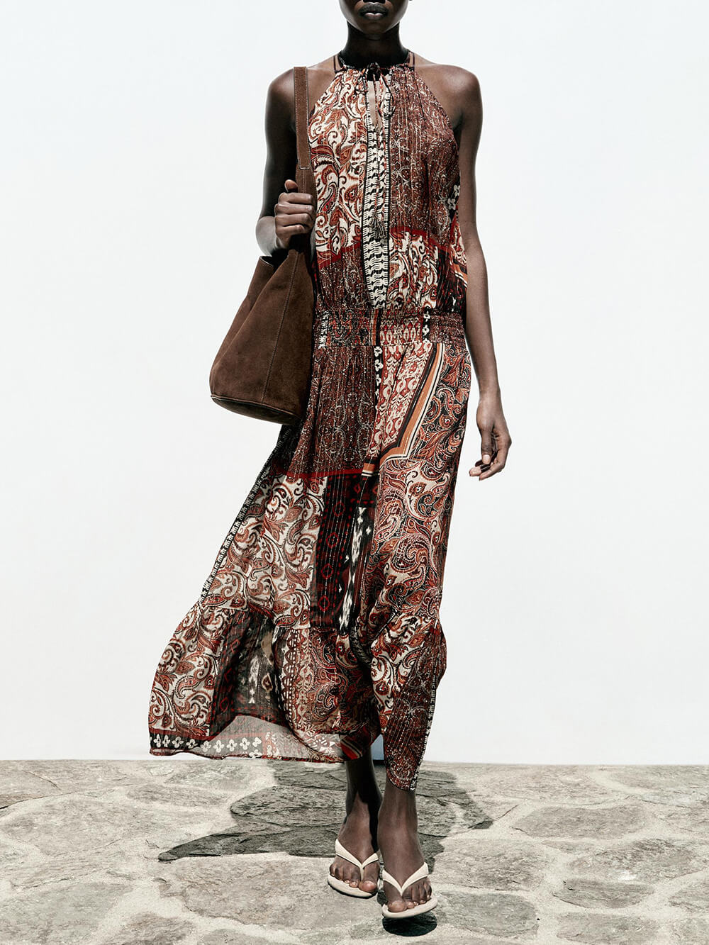 Bohemian Spirit Ethnic Colorblock Print Elastic Waist Resort Style Maxi Dress
