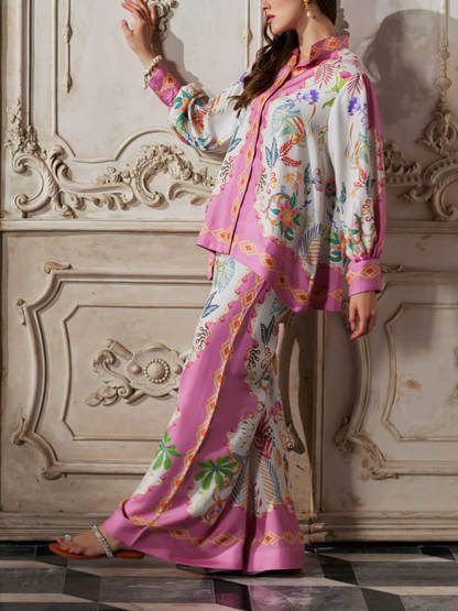 Mystic Bloom Floral Geometric Print Oversized Button-Up Shirt