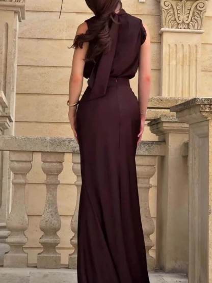 Exquisite Chocolate Brown High-neck Sleeveless Maxi Dress