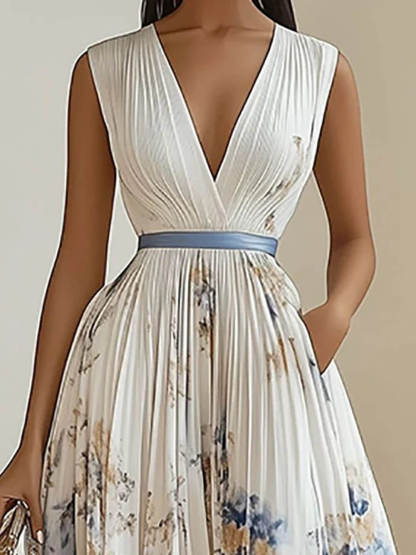 Elegant Digital Print Pleated V-Neck Sleeveless Maxi Dress