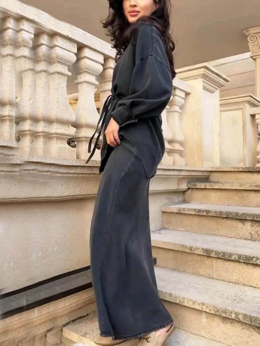 Fashion Casual Tie-Waist Loose Button-Up Top