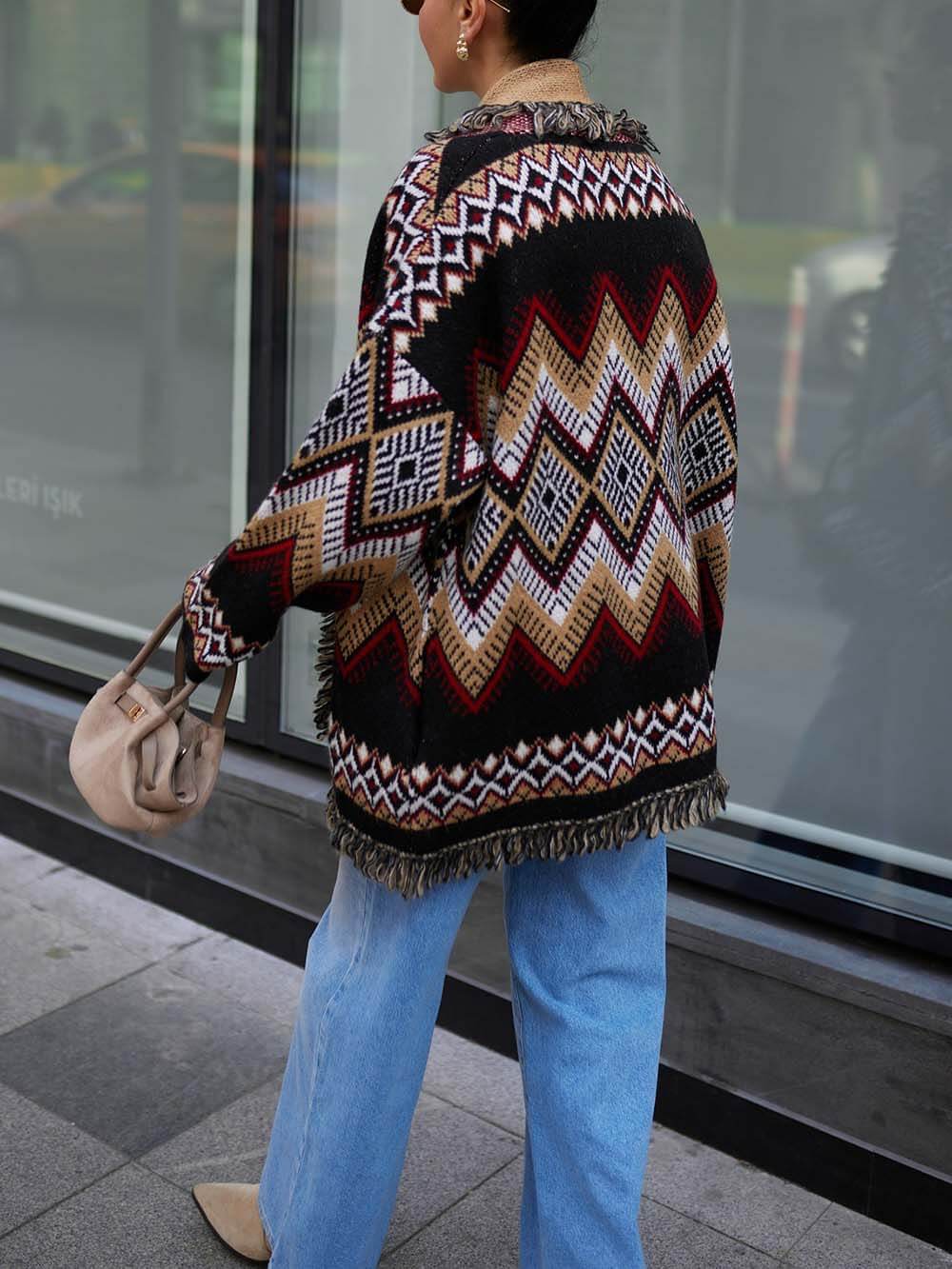 Retro Ethnic Print Fringe Panel Loose Cardigan