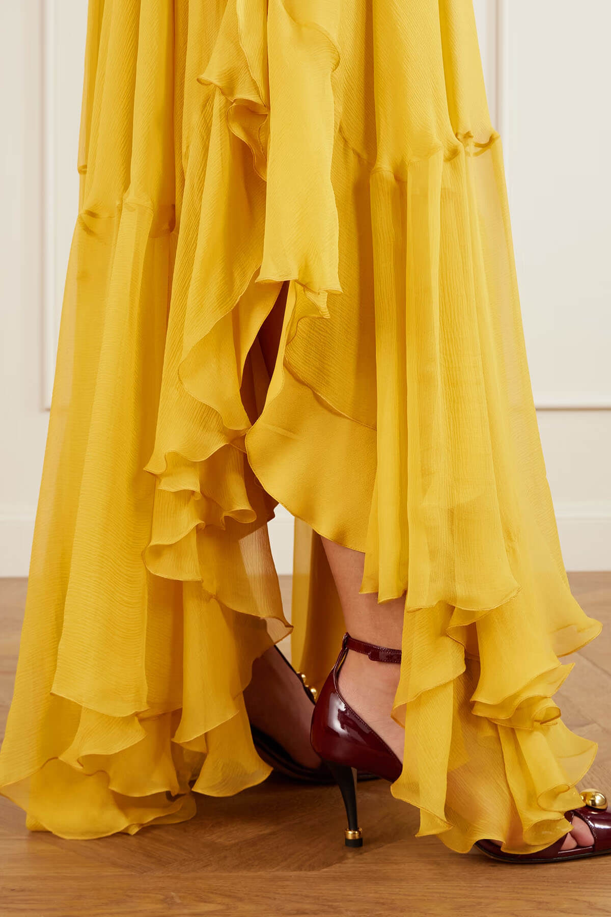 Exquisite Asymmetrical Ruffle-Trimmed Maxi Dress