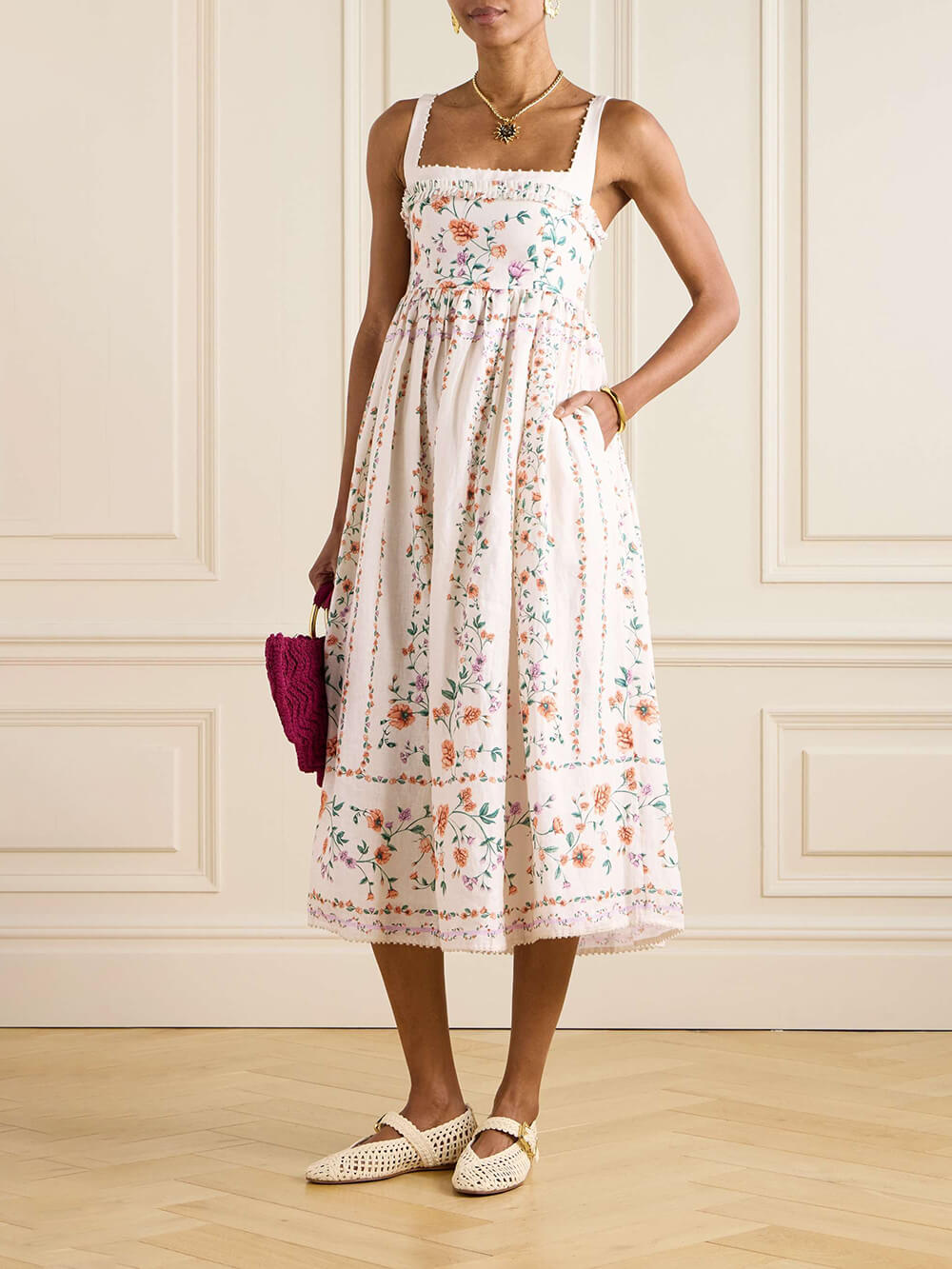 Delicate Pleated Floral Print Linen Midi Dress
