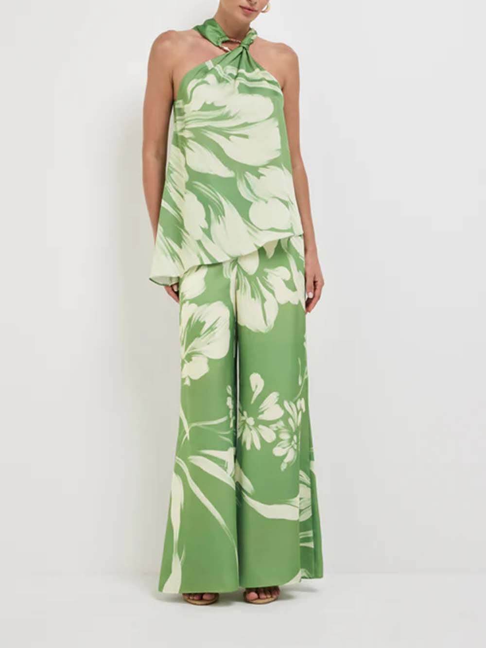 Modern Satin Abstract Floral Print Halter Tank Top