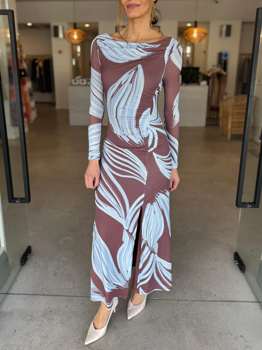 Elegant Printed Off-Shoulder Ruched Front Slits Maxi Dress