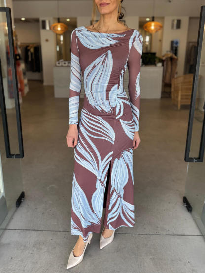 Elegant Printed Off-Shoulder Ruched Front Slits Maxi Dress