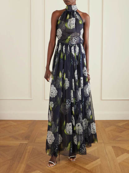 Fashionable Backless Printed Pleated Chiffon Maxi Dress