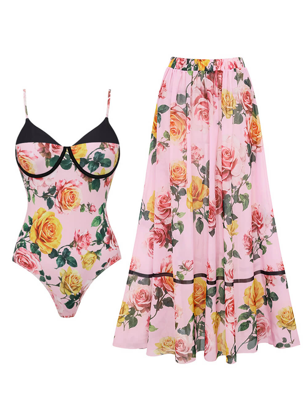 Exquisite Printed Spaghetti Strap One-Piece Swimsuit And Elastic Waist Skirt Set
