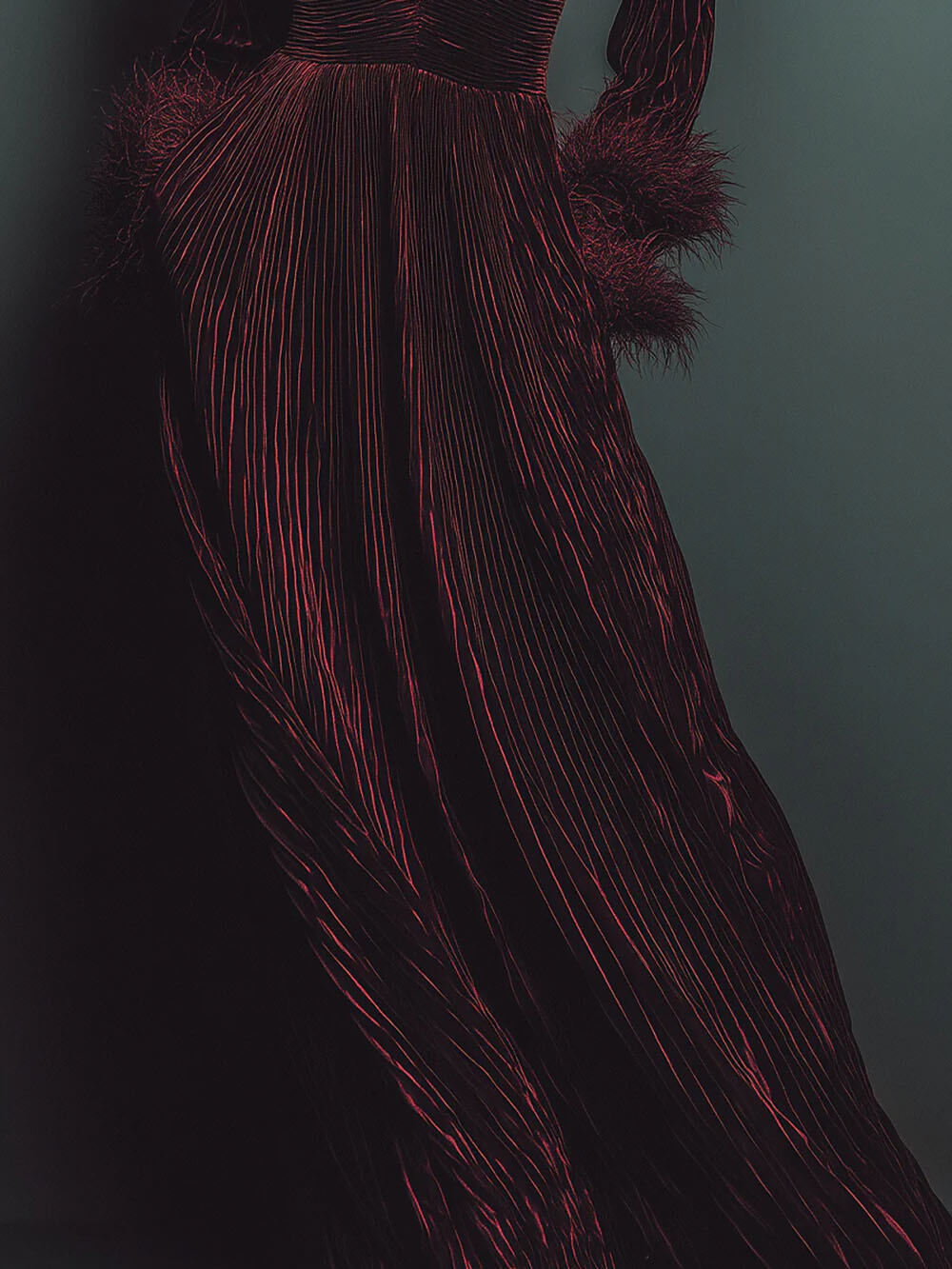 Classic Pleated Suede Deep V-Neck Feather Panel Maxi Dress