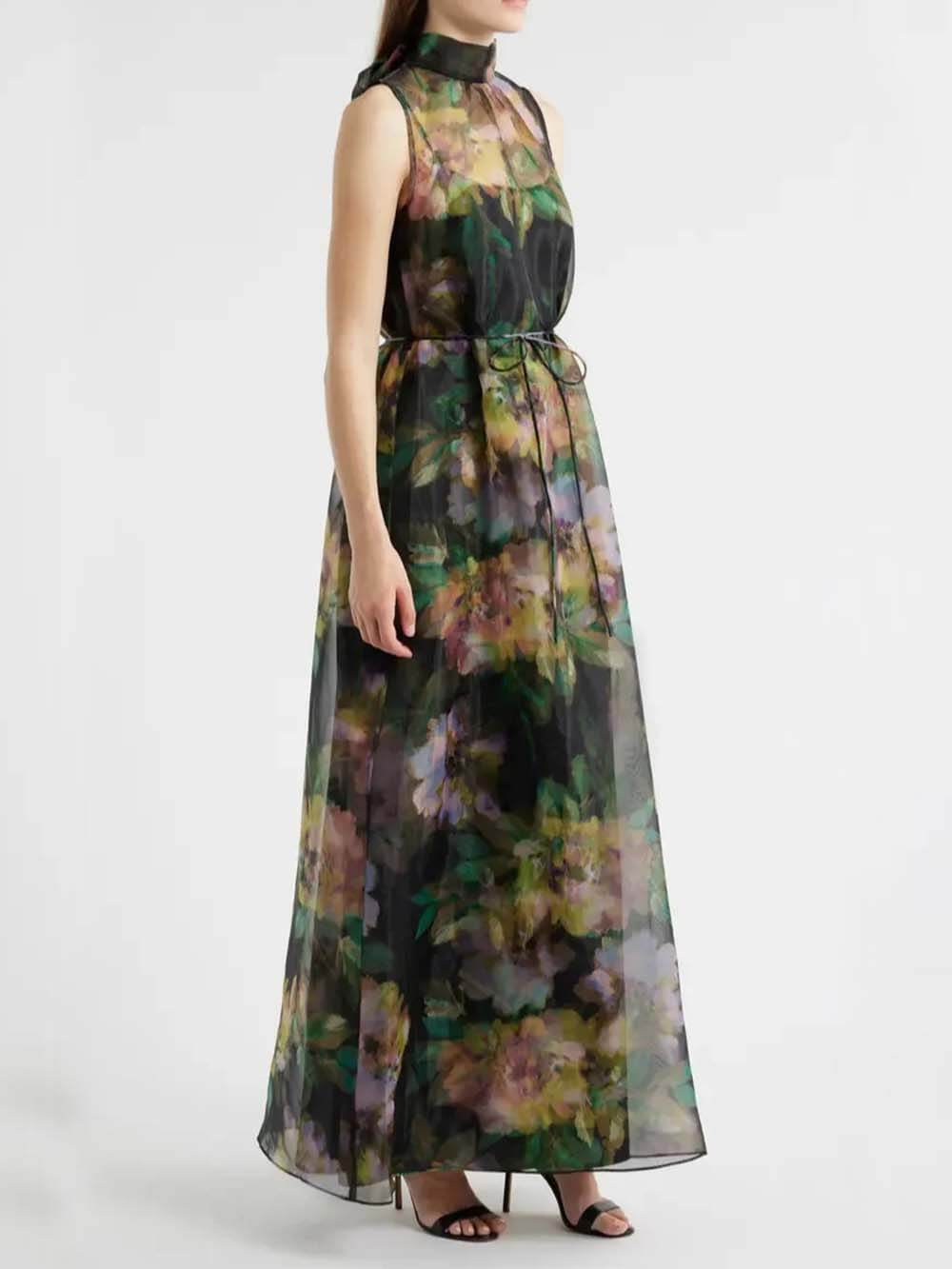 Unique Floral Print Tie-Drawn Chiffon Cocktail Maxi Dress