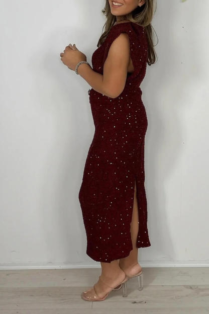Exquisite Sequin Textured V-neck Midi Dress