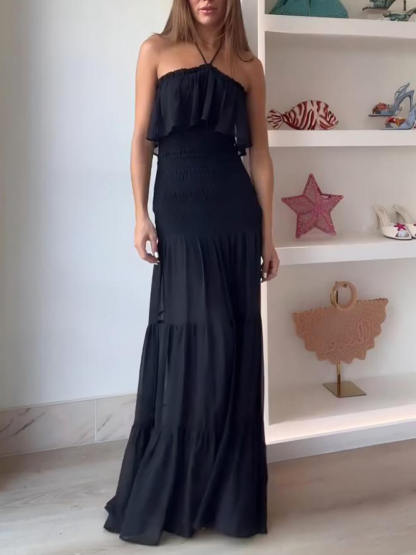 Elegant Ruched Layered Halter Backless Chiffon Maxi Dress