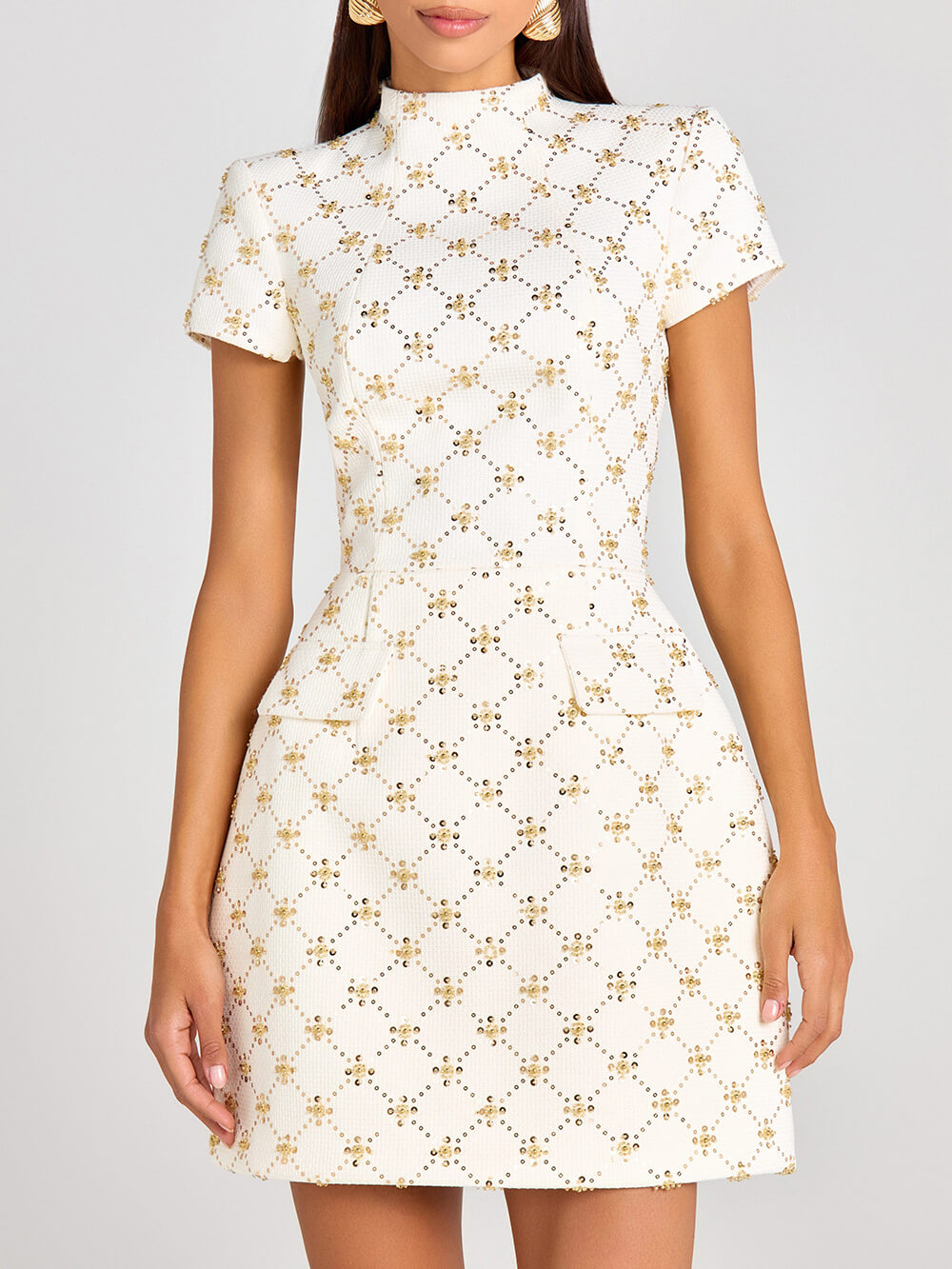 Elegant Sequin Beaded Patchwork High-Neck Mini Dress