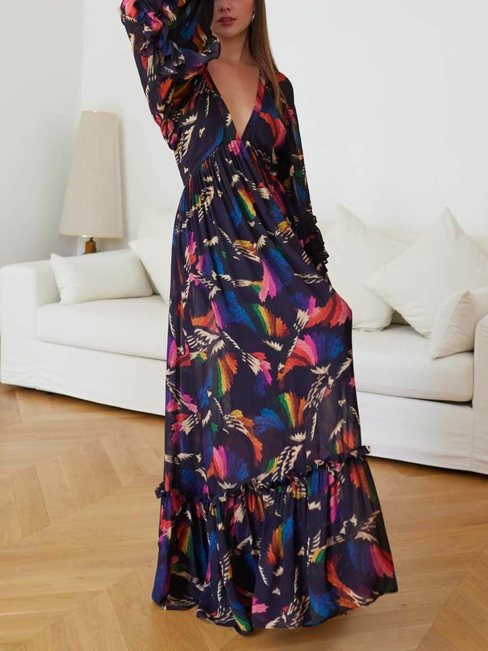 Delicately Patterned V-Neck Ruffle Sleeve Details Maxi Dress