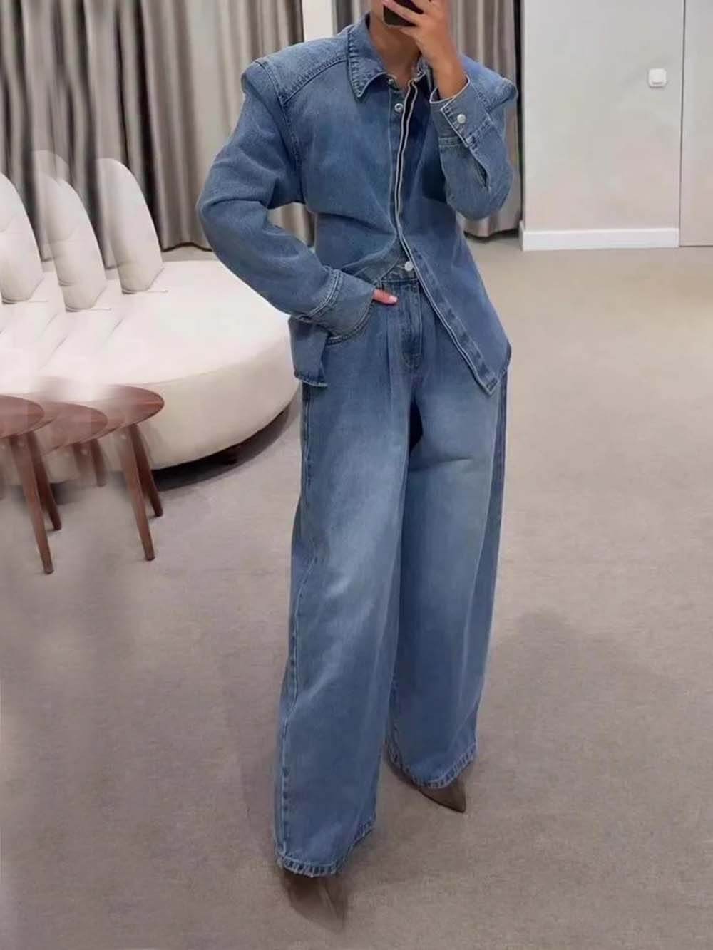 Fashionable High-Waist Pocket Wide-Leg Jeans