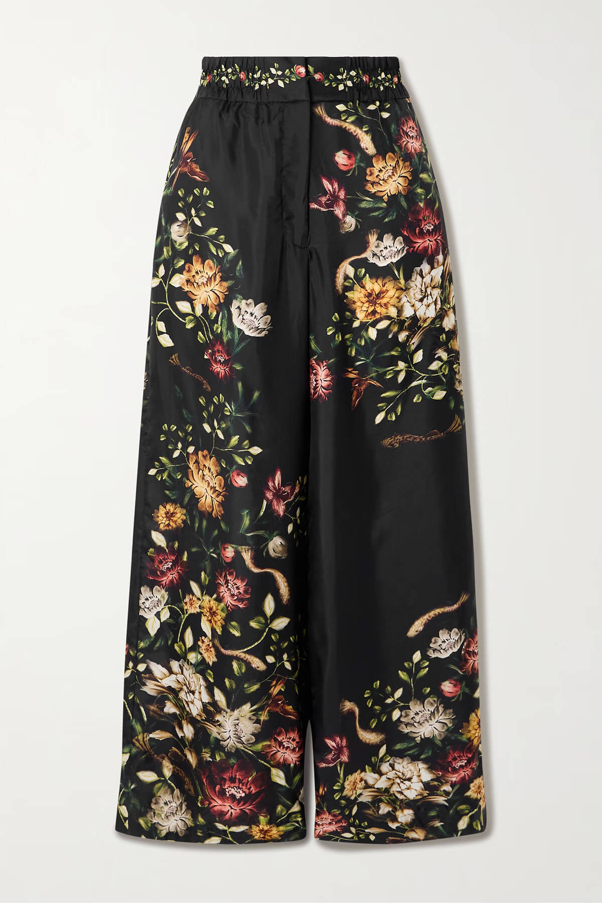 Exquisite Ruched Twill Crop Top & Floral Satin Wide-Leg Pants Set
