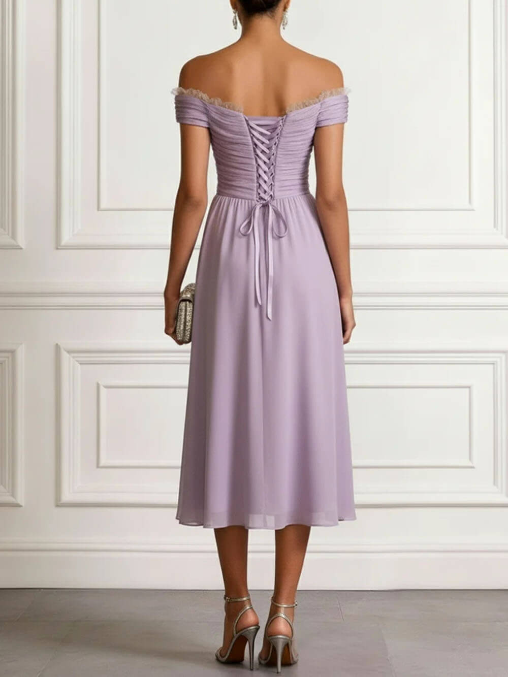 Elegant Peplum Pleated Chiffon Off The Shoulder Sleeveless A-Line Midi Dress