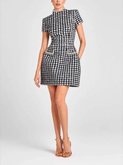 Elegant Sequin Beaded Plaid Tweed Mini Dress