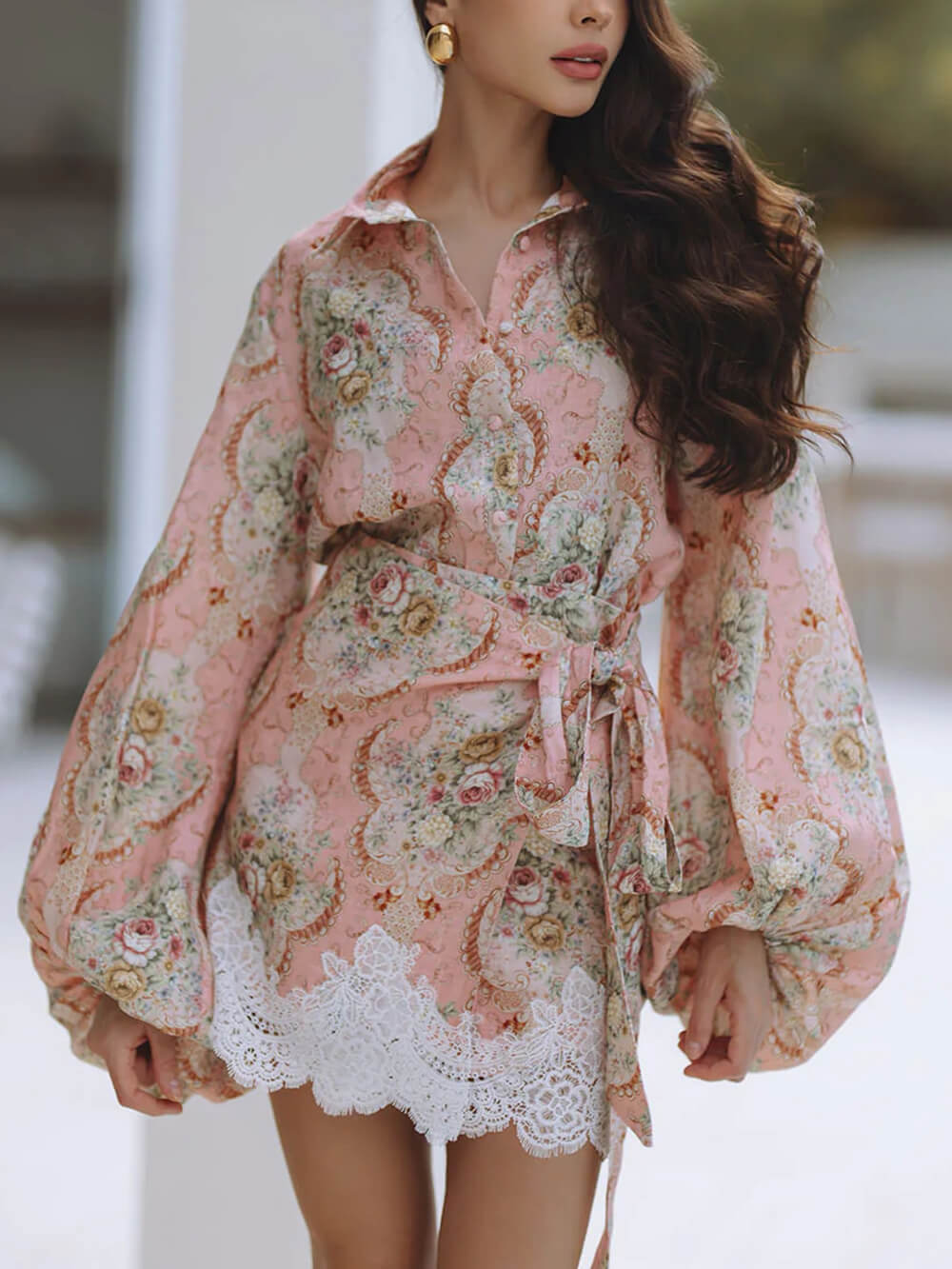 Elegant Floral Print Lantern Sleeve Shirt And Lace Wrap Mini Skirt Set