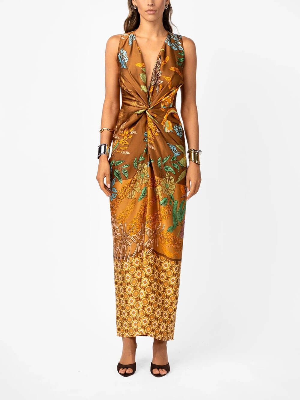 Delicate Floral Print V-Neck Twisted Draped Satin Maxi Dress