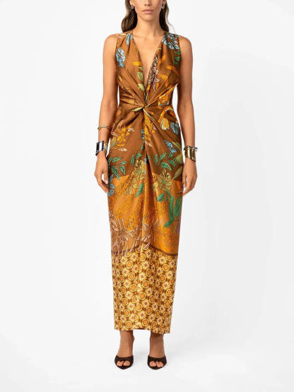 Delicate Floral Print V-Neck Twisted Draped Satin Maxi Dress