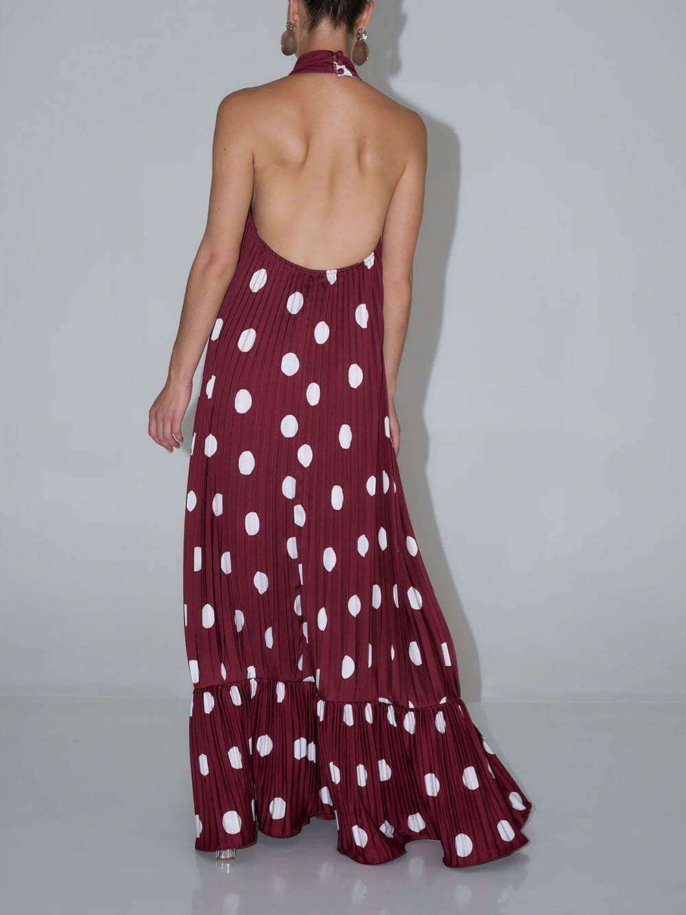 Elegant Polka Dot Backless Halter Evening Gown Maxi Dress