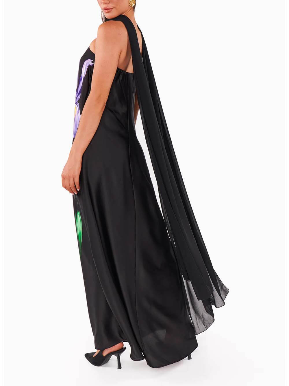 Elegant Printed Off-the-Shoulder Scarf Maxi Dress