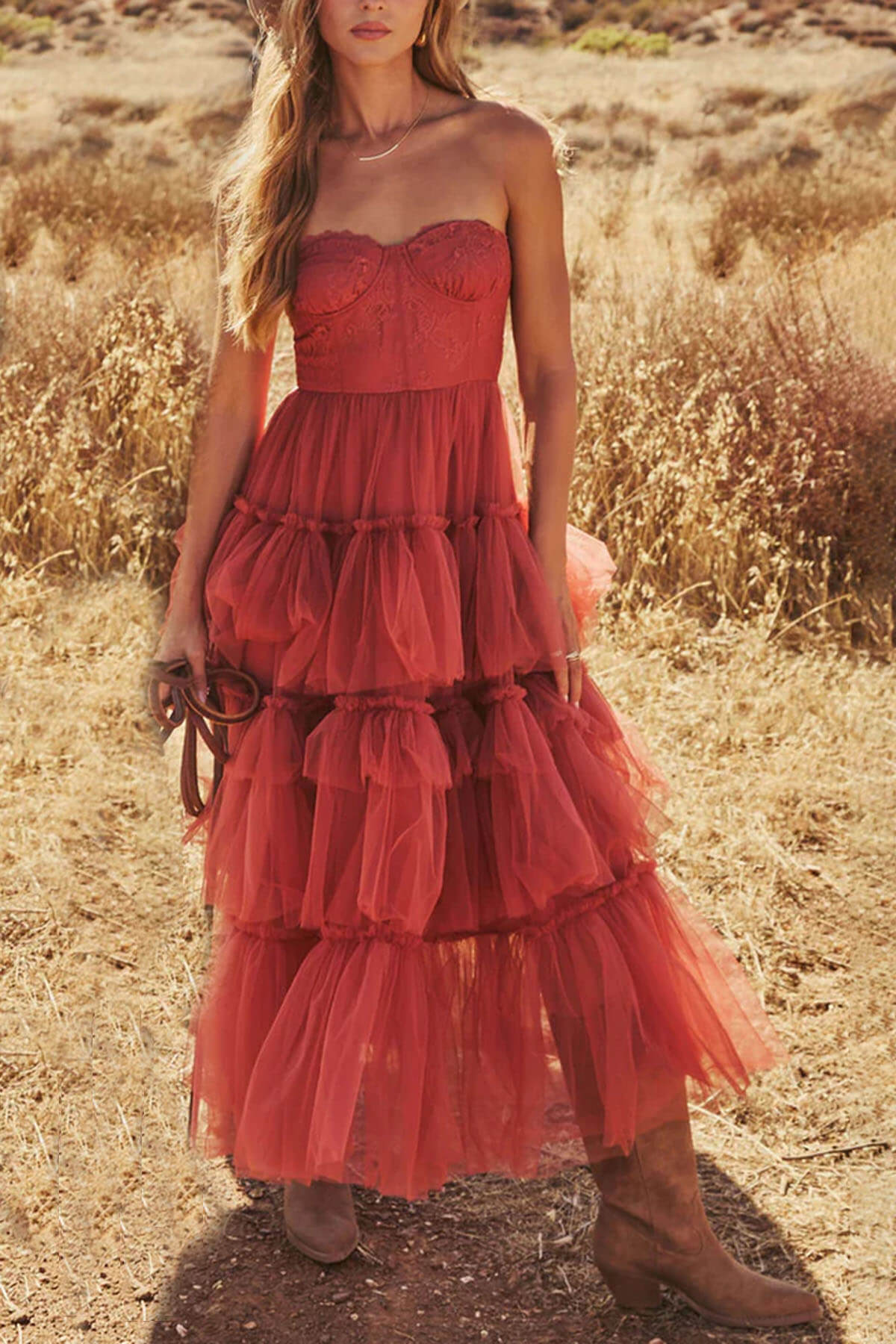 Elegant Strapless Pleated Layered Tulle Maxi Dress