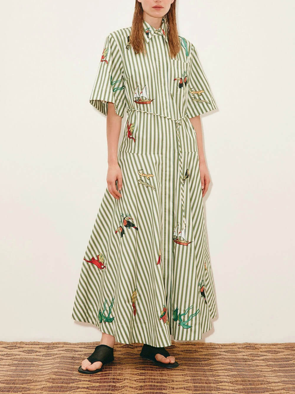 Classic Striped Button-Front Tie-Waist A-Line Maxi Shirtdress