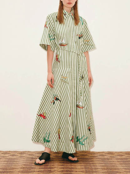Classic Striped Button-Front Tie-Waist A-Line Maxi Shirtdress