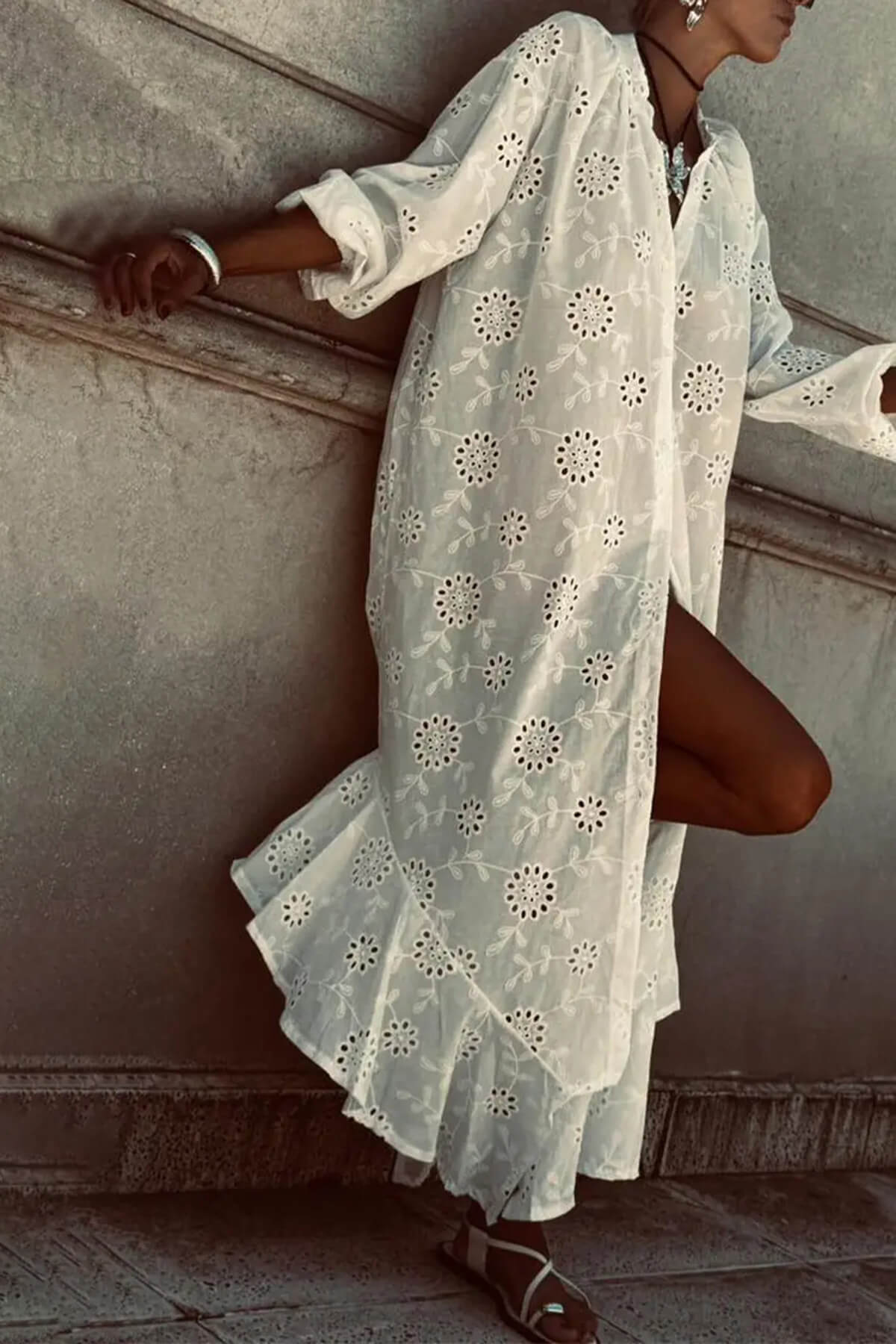 Casual Cutout Lace Crochet Ruffle Maxi Dress