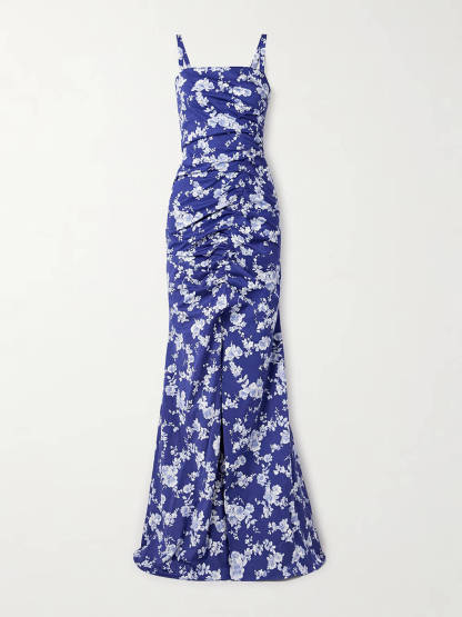 Elegant Ruffled Floral Print Satin Maxi Dress