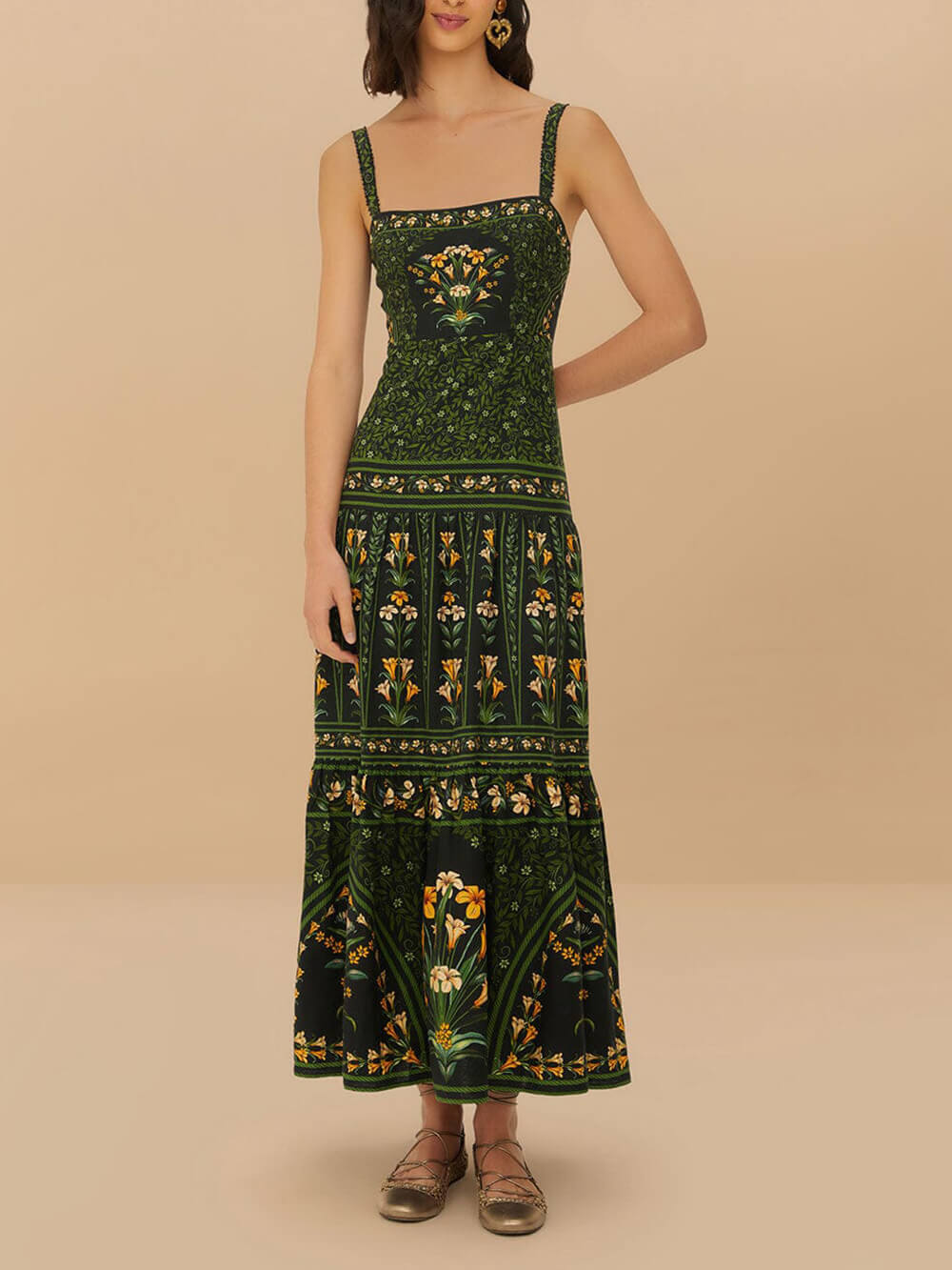 Unique Tropical Bloom Floral Print Linen-Blend Pleated Back Maxi Dress