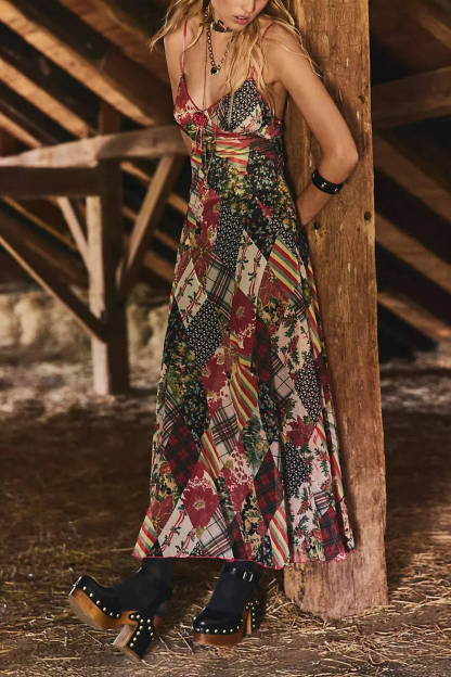 Fashion Printed Backless Spaghetti Strap A-Line Holiday Maxi Dress